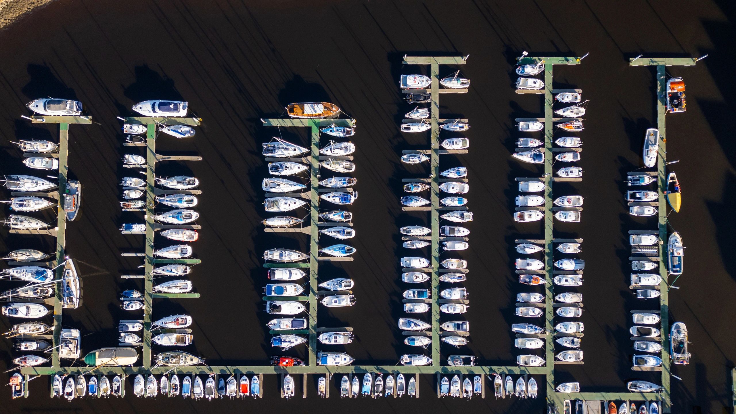 Aerial view of boats at a marina
