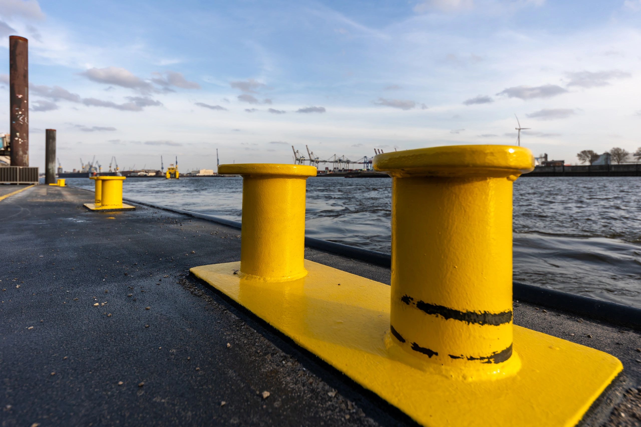 Dock hardware and marine accessories on a working waterfront