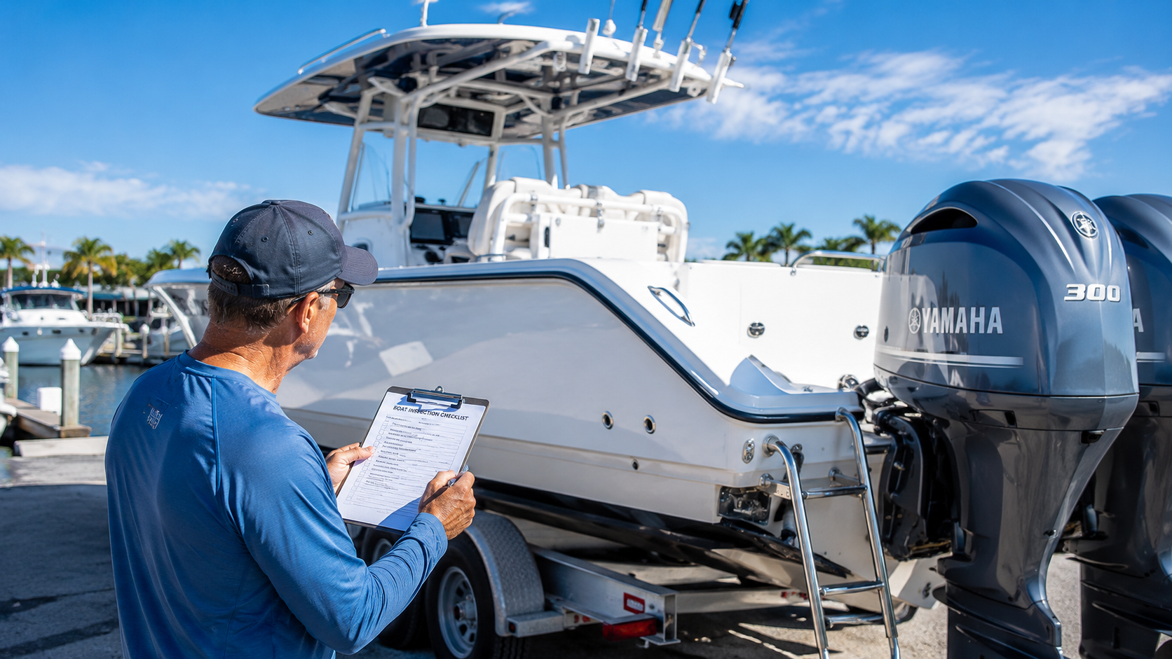 Boat inspection at a sunny marina