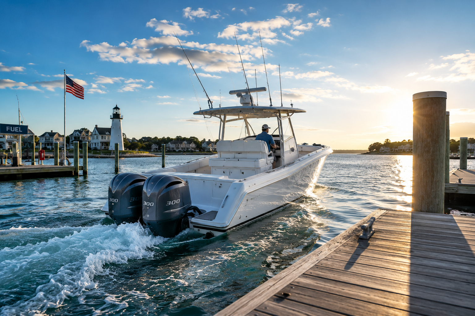 Golden hour at the marina with boats docked in warm evening light