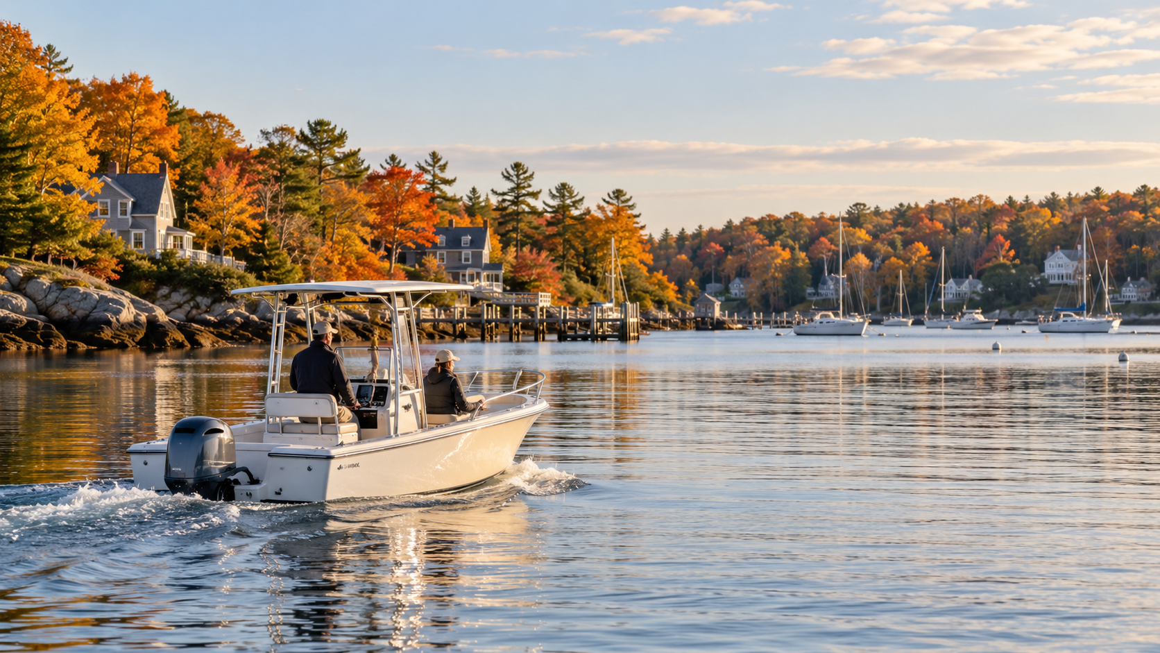 Powerboat cruising through a quiet New England harbor surrounded by autumn foliage