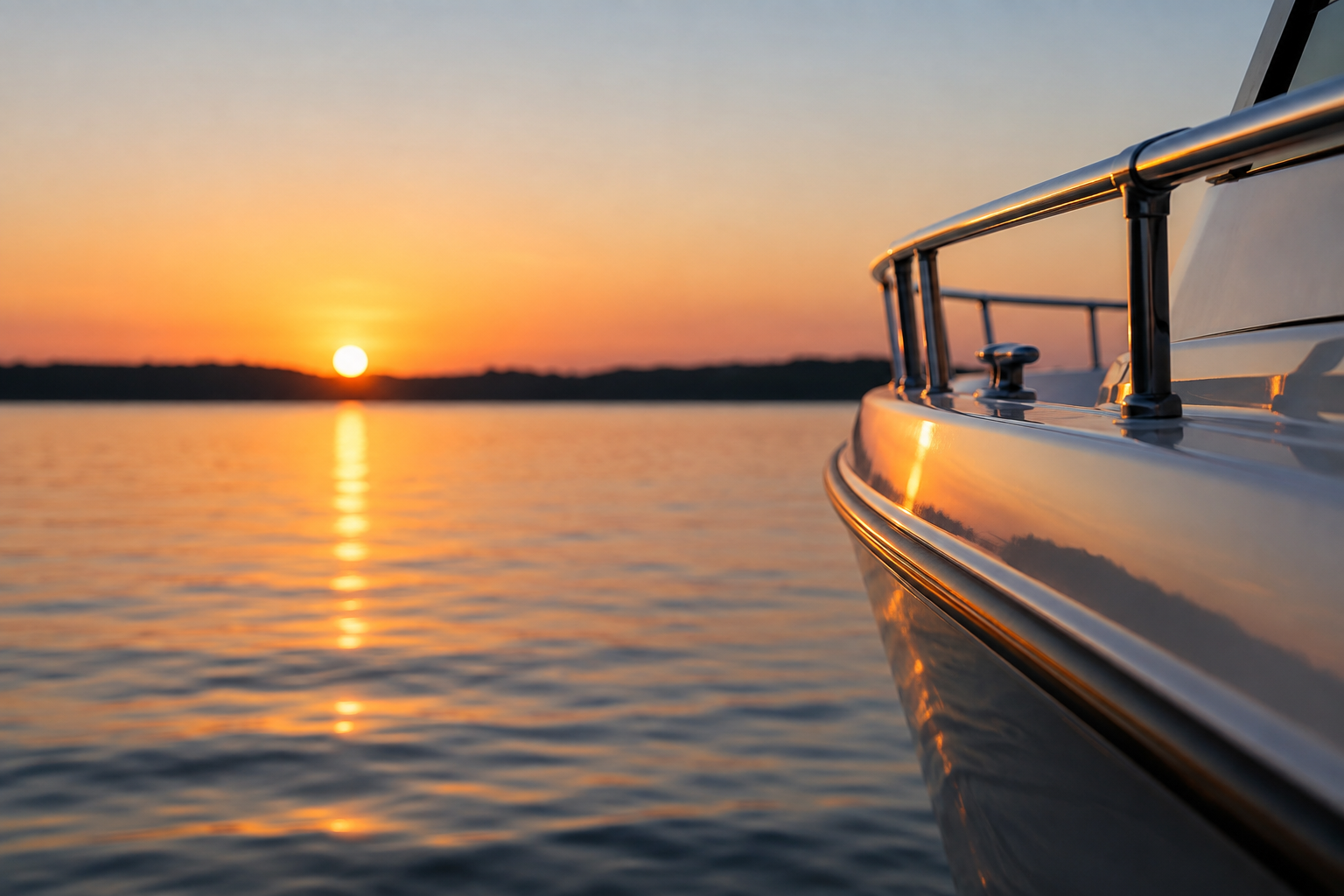 Boat on calm water at sunset after a full summer boating season.