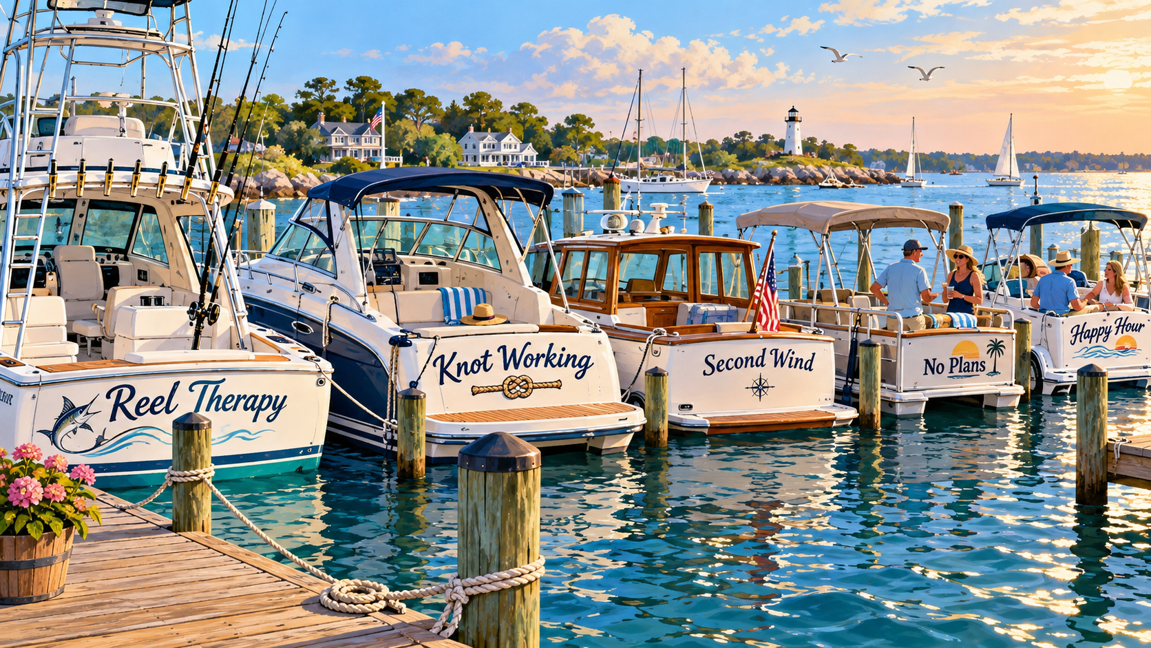Illustrated marina scene showing boats with memorable names including Reel Therapy, Knot Working, Second Wind, No Plans and Happy Hour