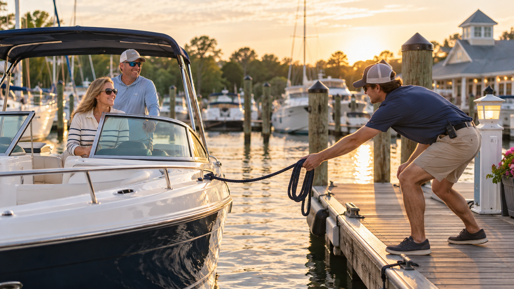 Boaters arriving at a marina while a dockhand reaches for a line at sunset